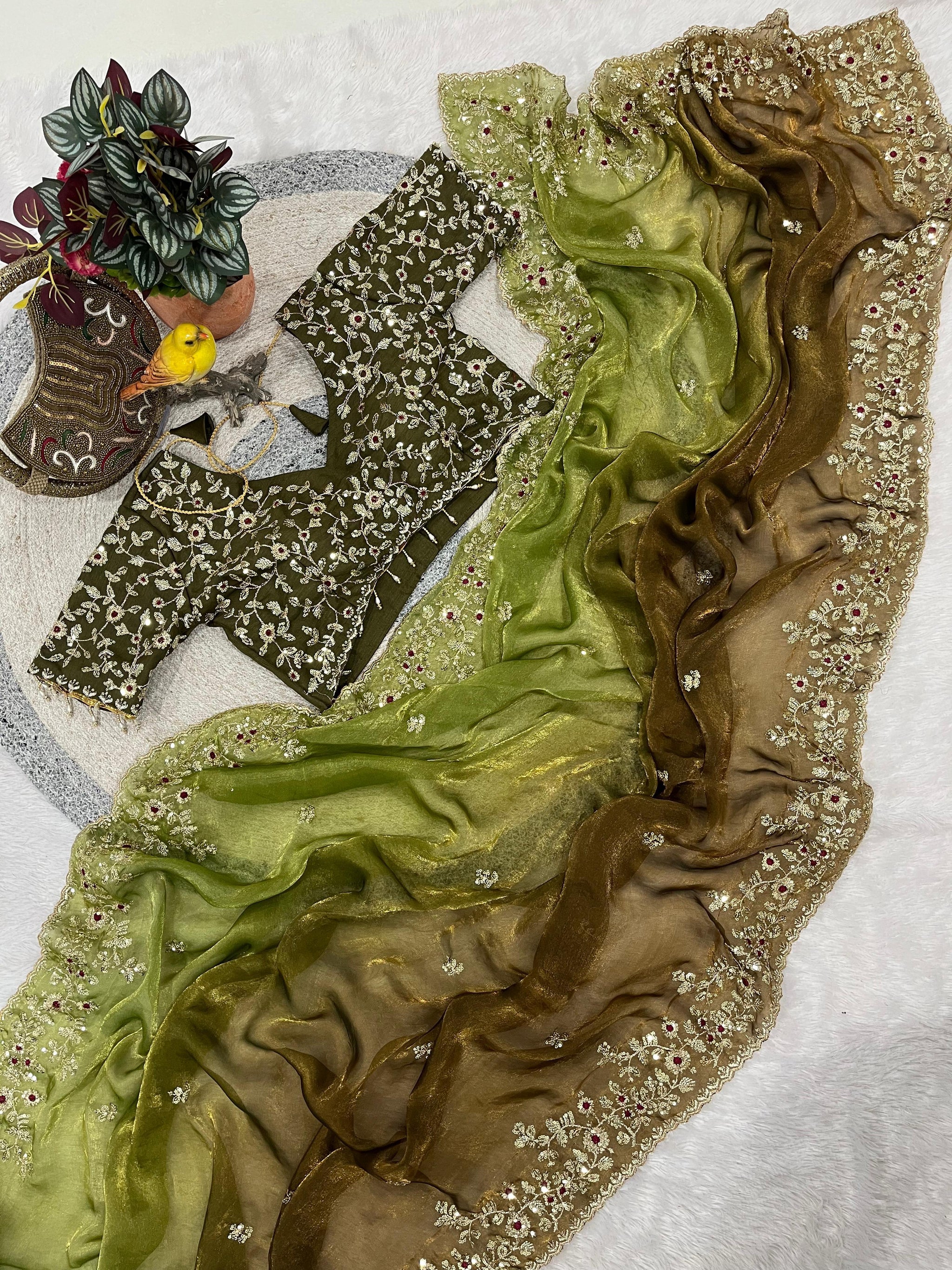 Evergreen Designer Fandy Chiffon Silk Saree with Sequins, Zari Embroidery & Cutwork Border