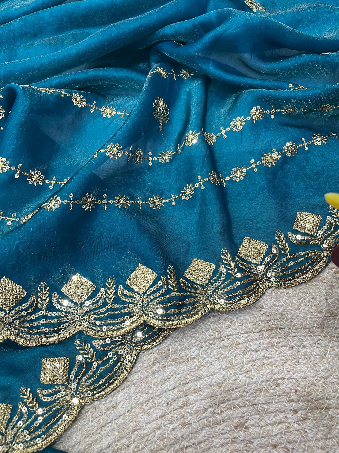 Designer Fandy Satin Silk Saree with 3mm Sequin Embroidery and Cutwork Border