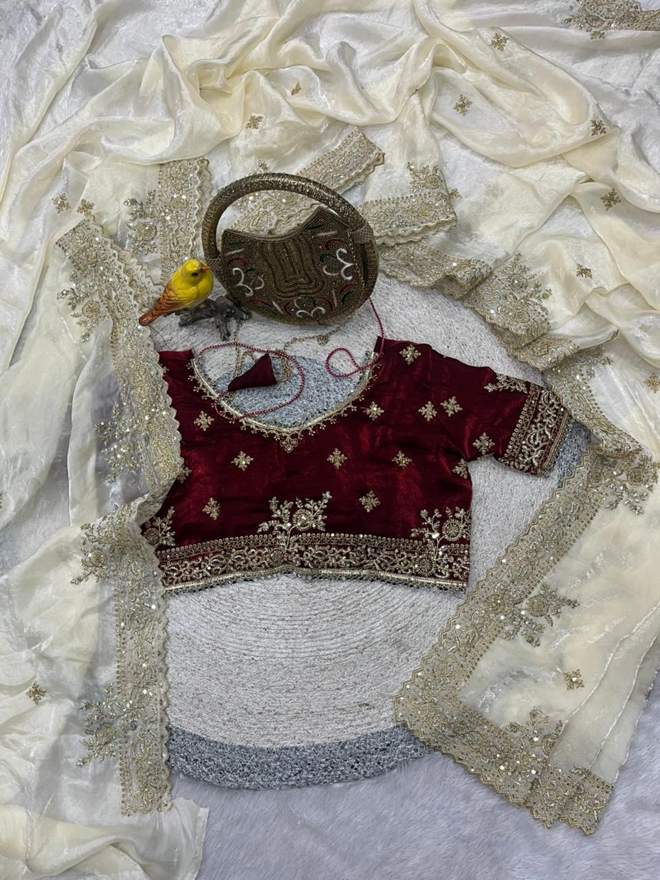 Designer Fandy Satin Silk Saree with Sequins & Jari Embroidery and Cutwork Border with Full-Stitch Blouse