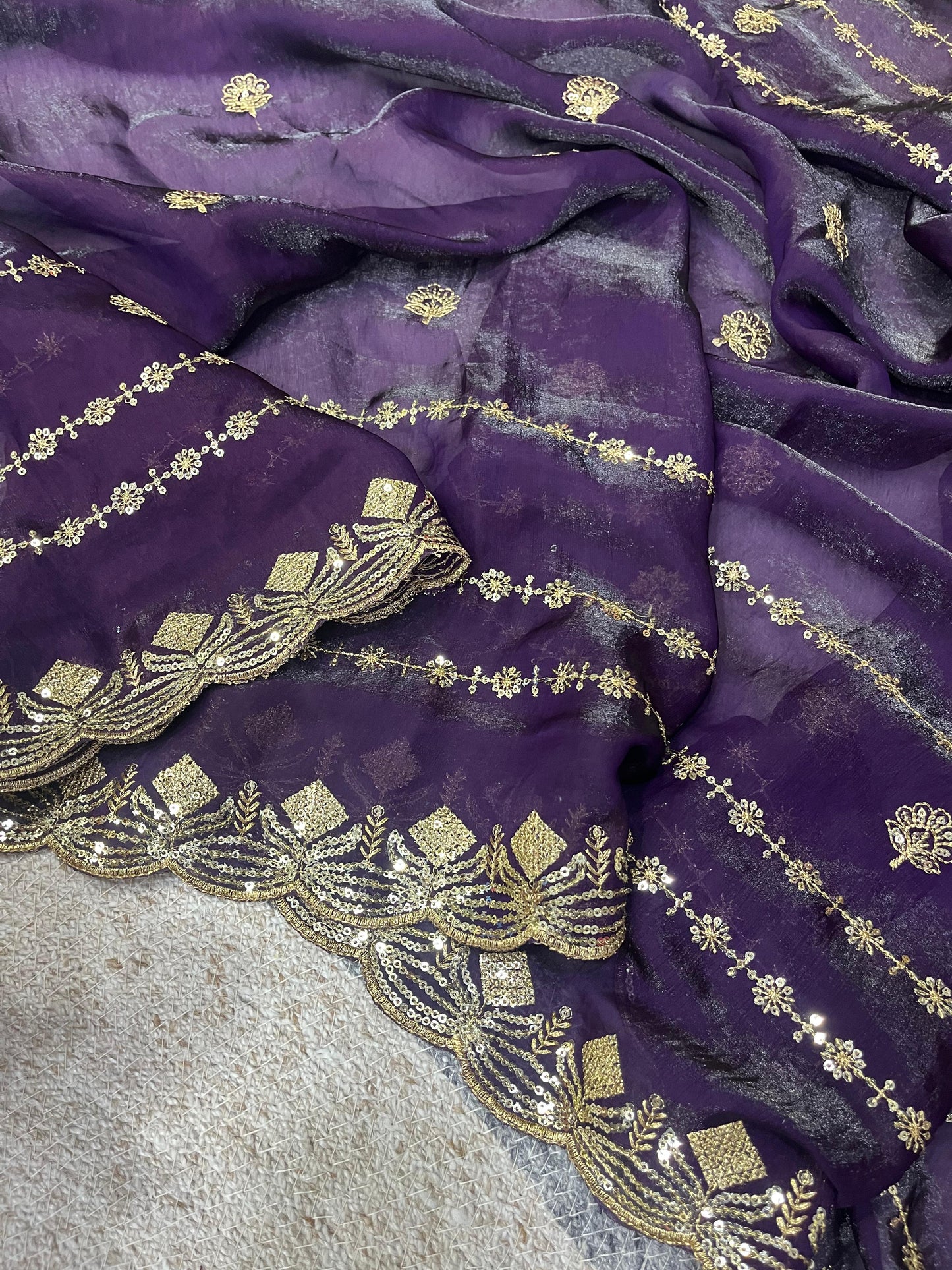 Designer Fandy Satin Silk Saree with 3mm Sequin Embroidery and Cutwork Border