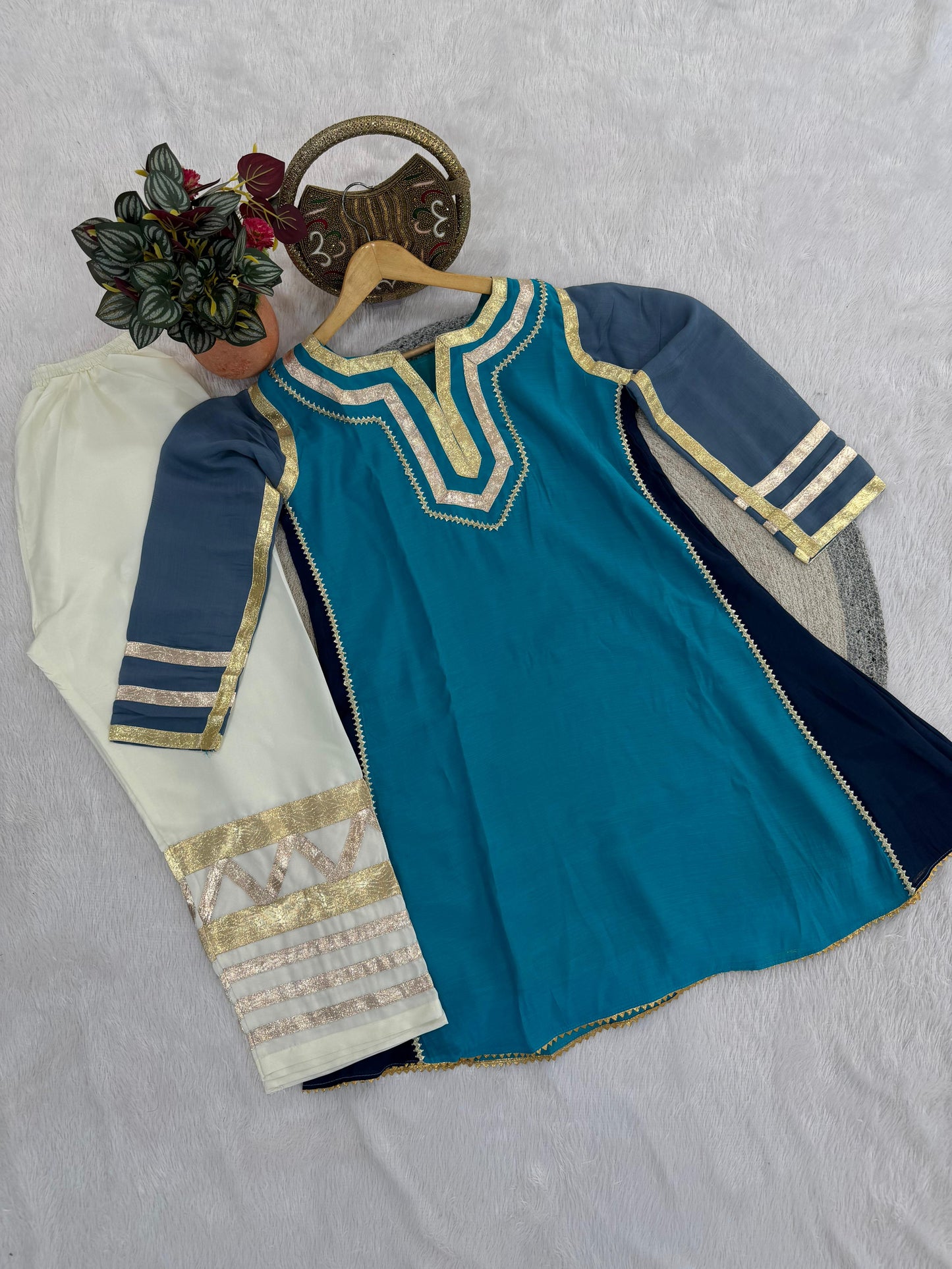 Women Designer 2 Piece Chanderi Suit Set with Lampi Lace Work