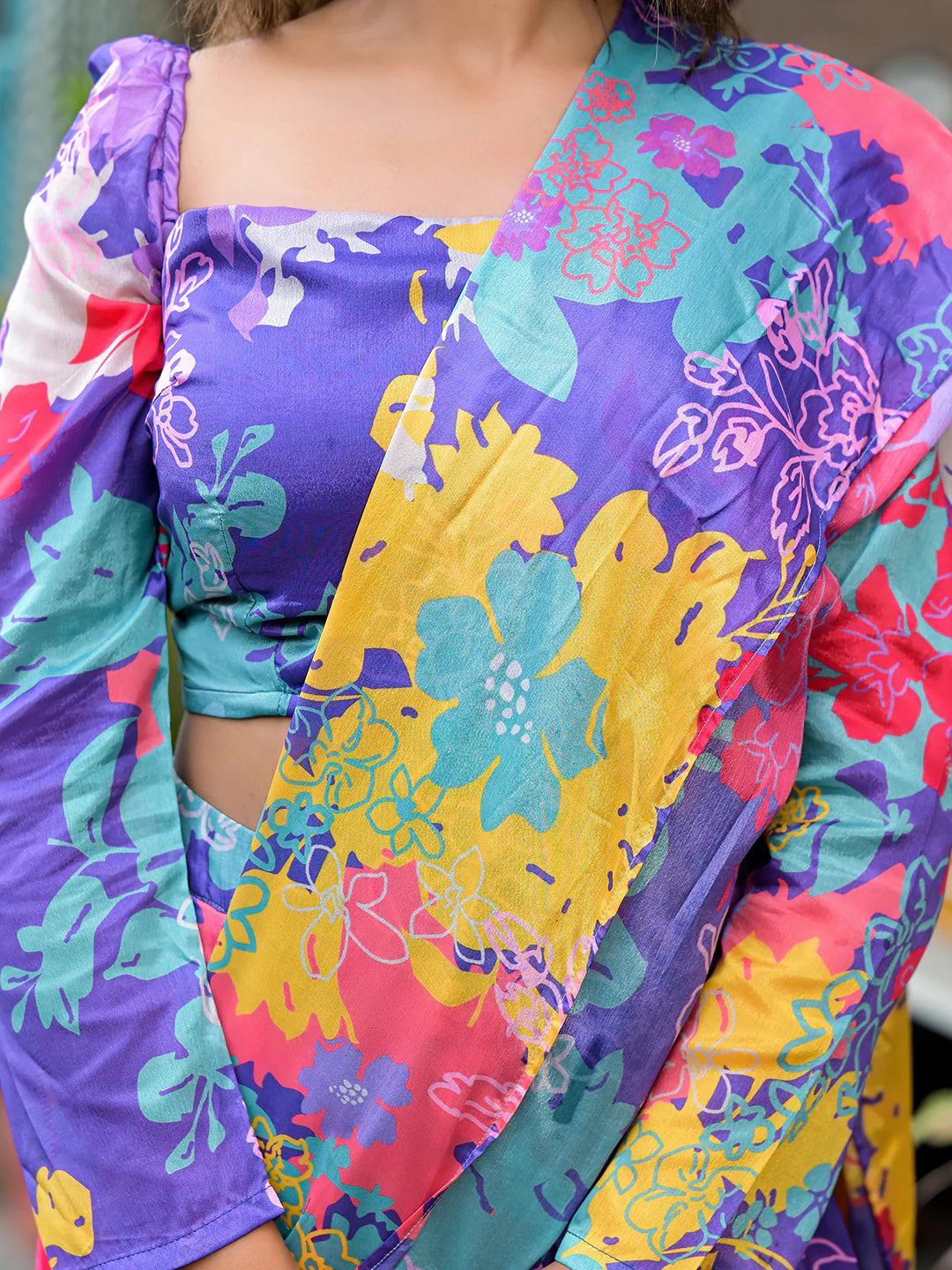Purple Digital Printed Ready-to-Wear Saree for Women | Poly Chinon Saree with Blouse image 2