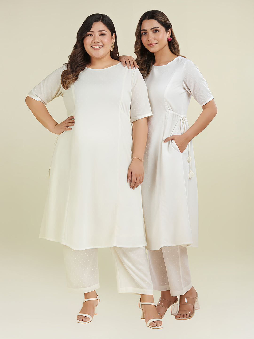 Women's Plus Size Off White Dobby Pure Cotton Self Design A-line Kurta Pant Set