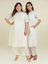 Women's Plus Size Off White Dobby Pure Cotton Self Design A-line Kurta Pant Set