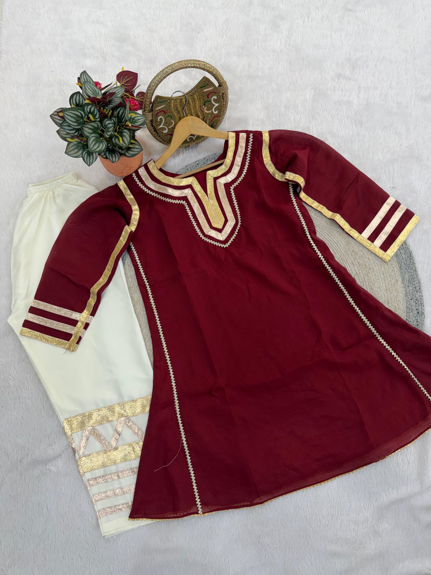 Women Designer 2 Piece Chanderi Suit Set with Lampi Lace Work