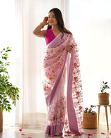 Evergreen Silver Tissue Silk Designer Saree with Multicolor Floral Embroidery