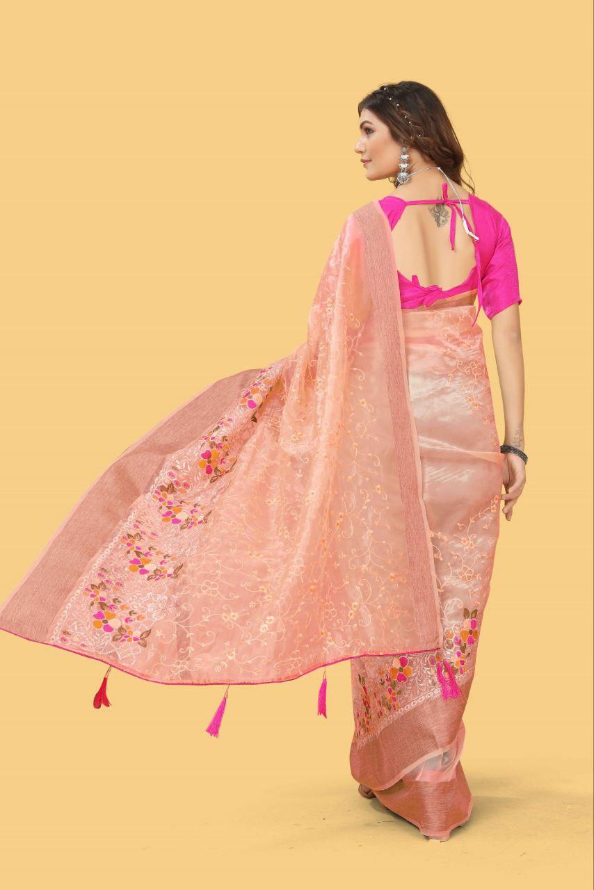 Party Wear Organza Silk Saree with Multicolor Embroidery and Zari Border