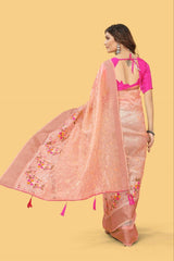 Party Wear Organza Silk Saree with Multicolor Embroidery and Zari Border