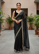 Designer Bollywood Style Soft Twill Net Saree with Sequins & Zari Dori Embroidery and Velvet Lace Border with Unstitched Blouse