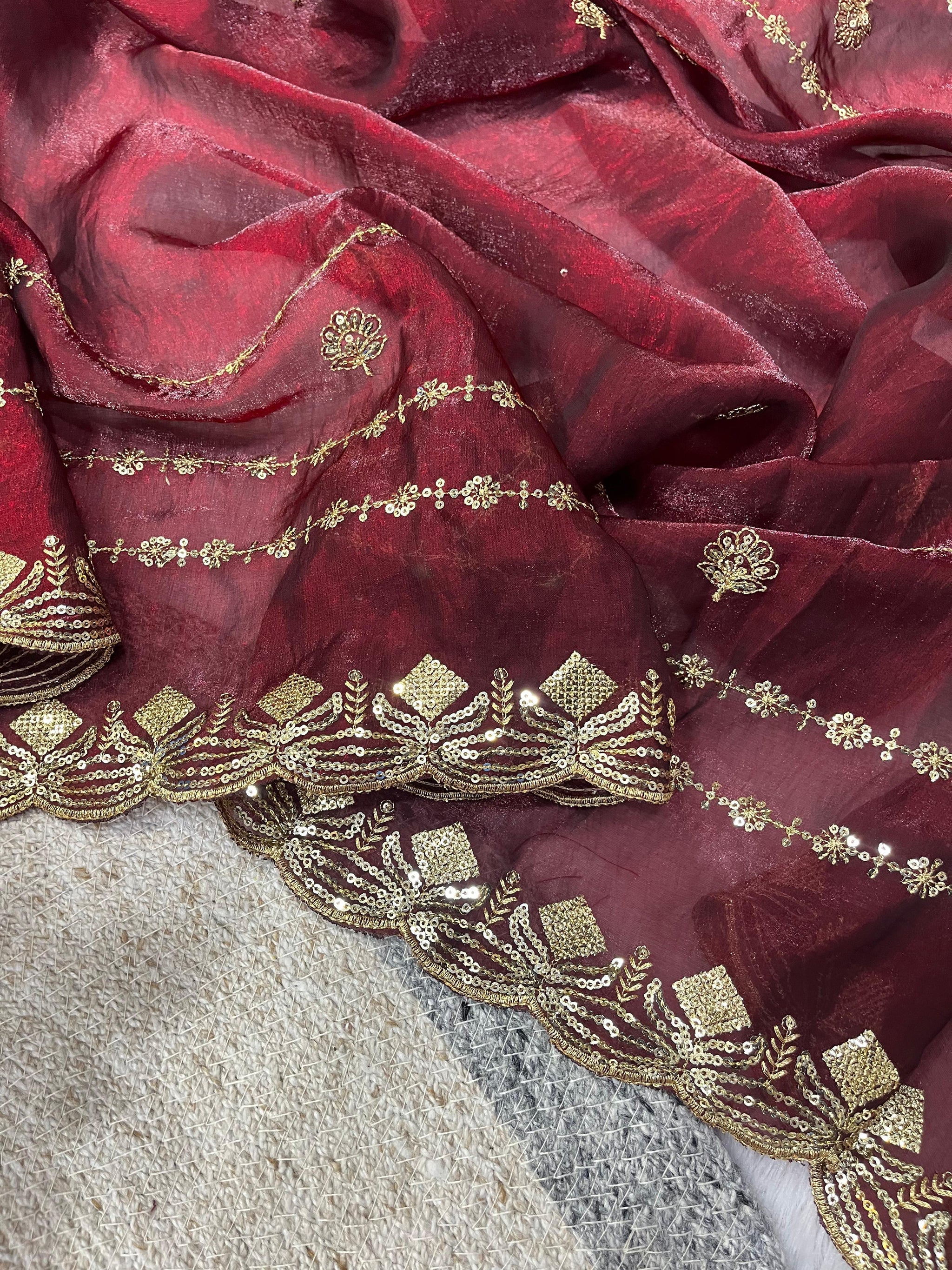 Designer Fandy Satin Silk Saree with 3mm Sequin Embroidery and Cutwork Border