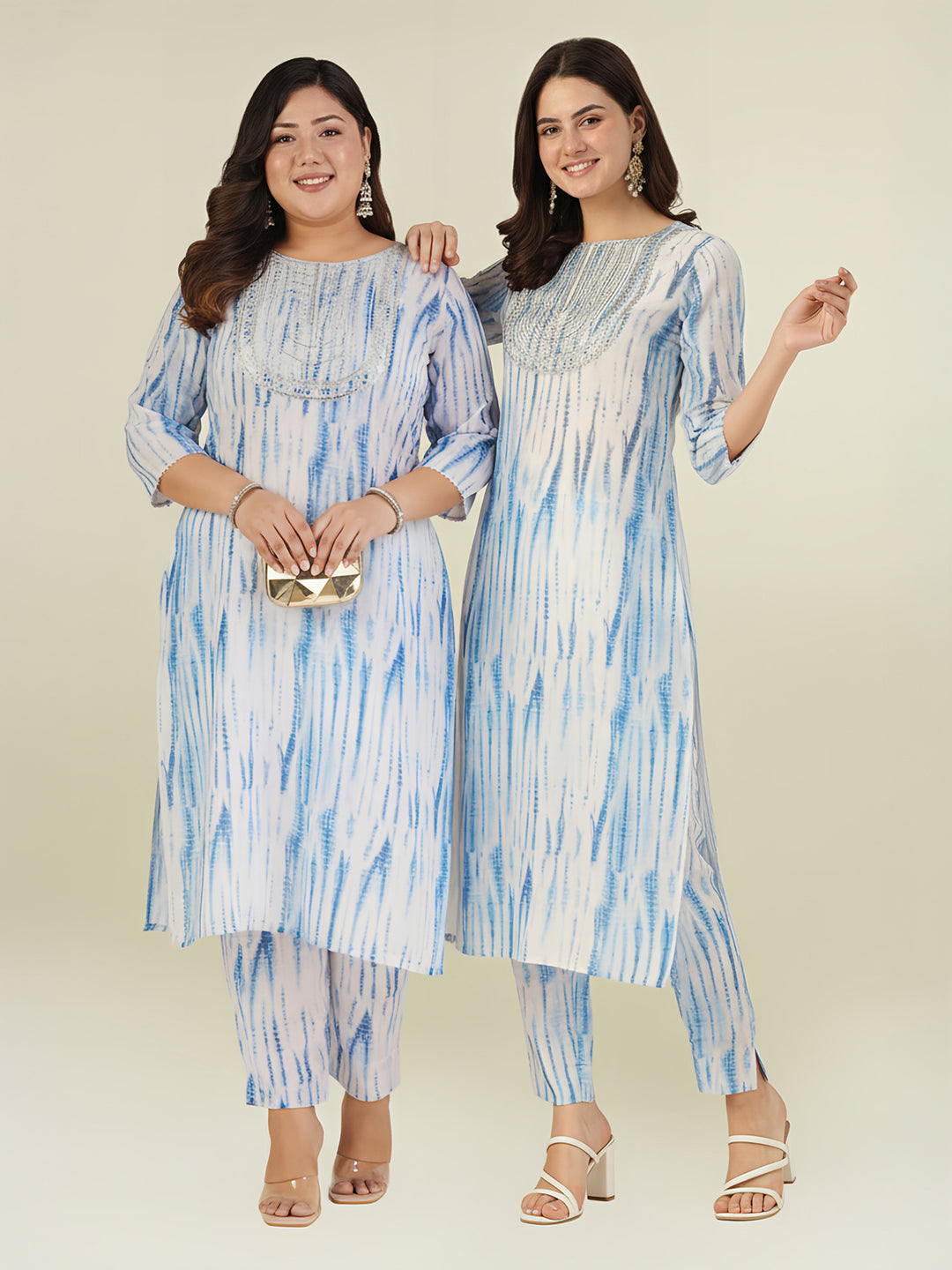 Women's Plus Size Blue Silk Blend Tie & Dye Yoke Embroidered Straight Kurta Pant Set