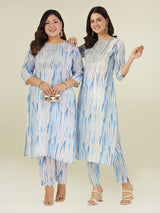 Blue Silk Blend Tie & Dye Yoke Embroidered Straight Kurta Pant Set