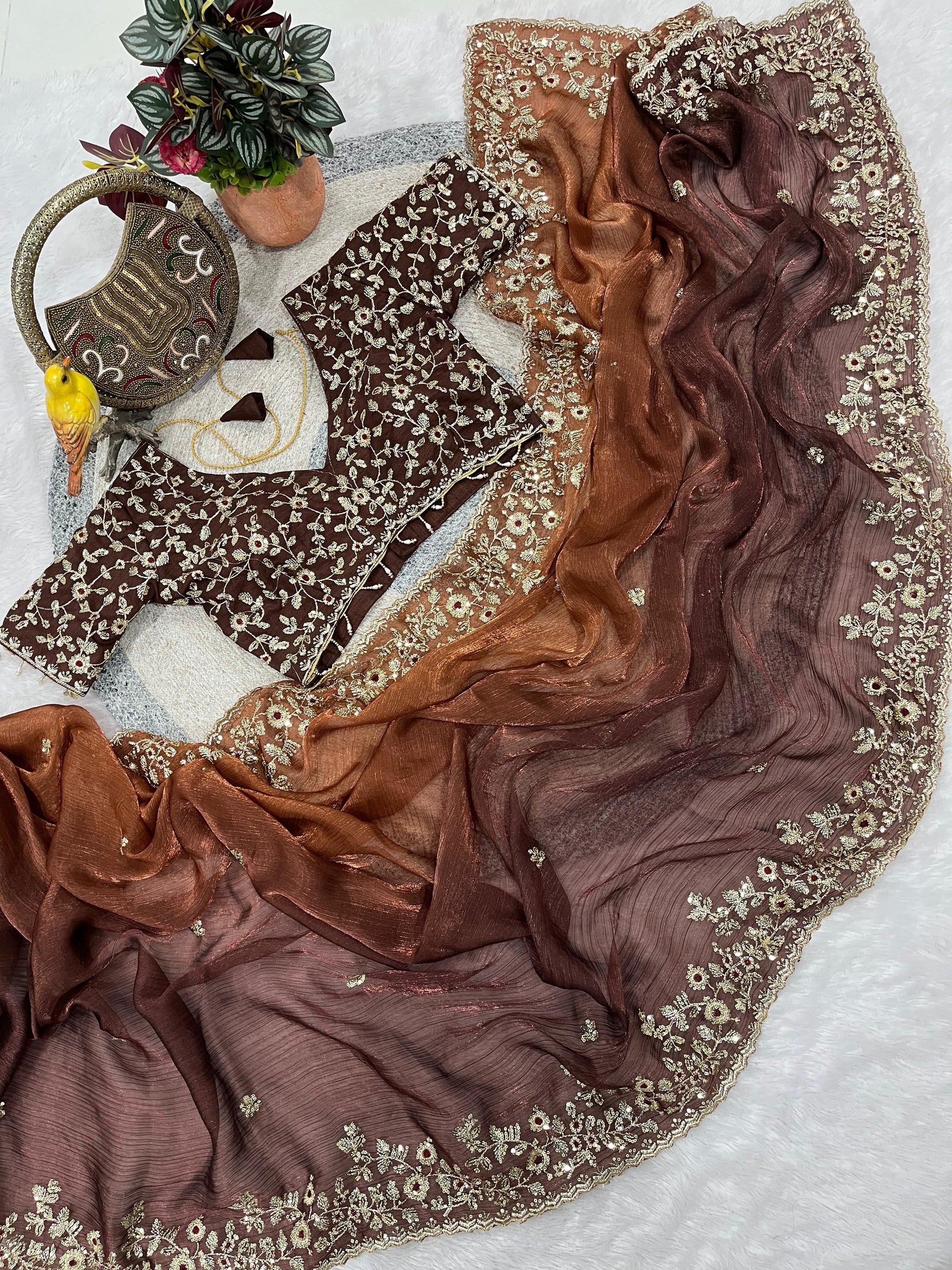 Evergreen Designer Fandy Chiffon Silk Saree with Sequins, Zari Embroidery & Cutwork Border