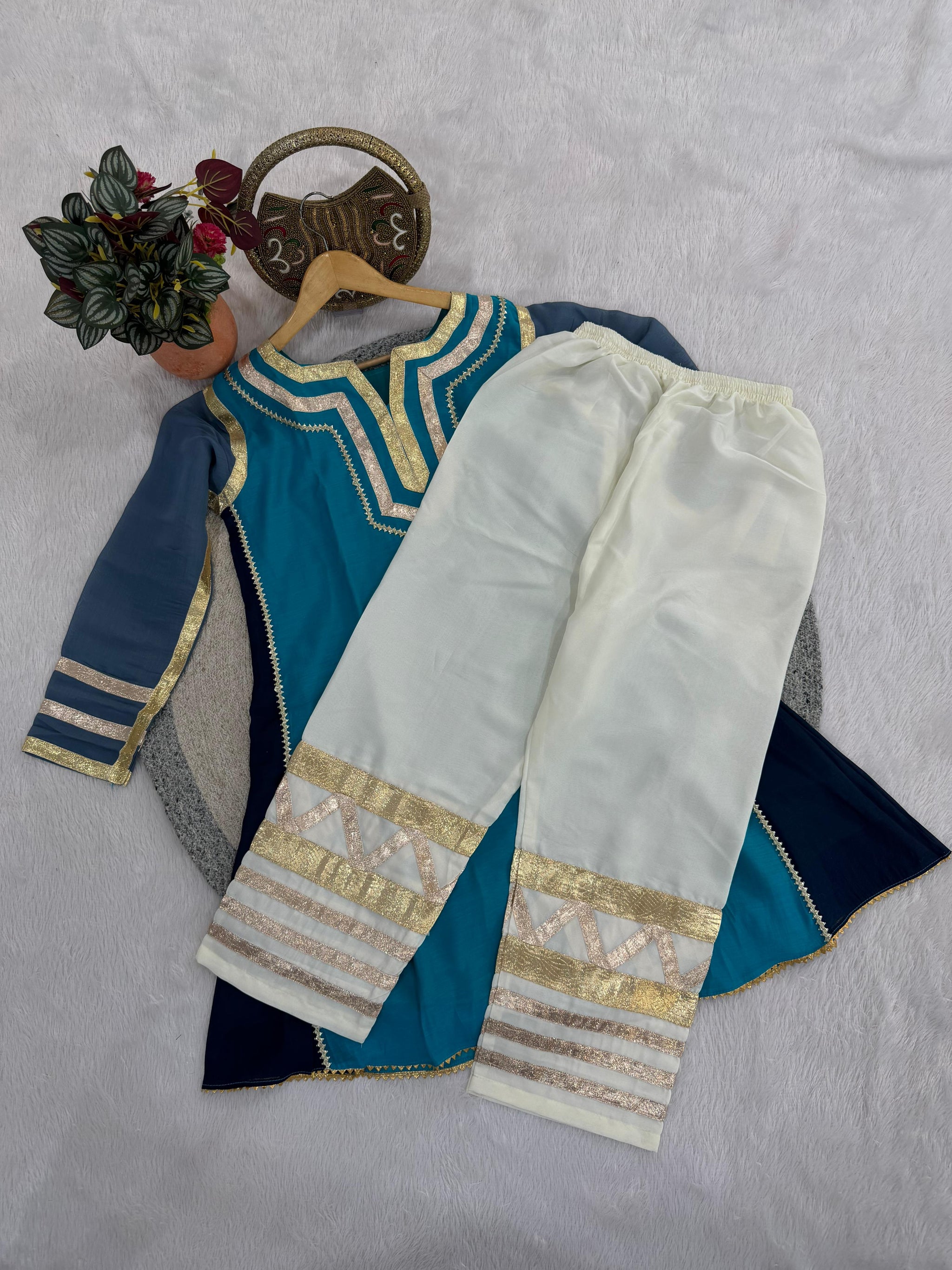 Women Designer 2 Piece Chanderi Suit Set with Lampi Lace Work