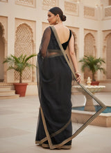 Designer Bollywood Style Soft Twill Net Saree with Sequins & Zari Dori Embroidery and Velvet Lace Border with Unstitched Blouse