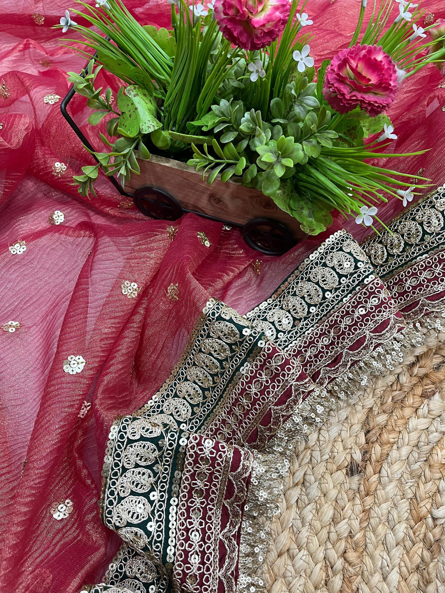 Designer Heavy Banarasi Crush Saree with Sequins &amp; Embroidered Lace Border