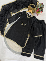 Designer Fendi Satin Farshi Salwar Suit Set with Mirror & Moti Work and Lace Border