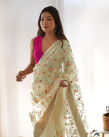 Evergreen Silver Tissue Silk Designer Saree with Multicolor Floral Embroidery