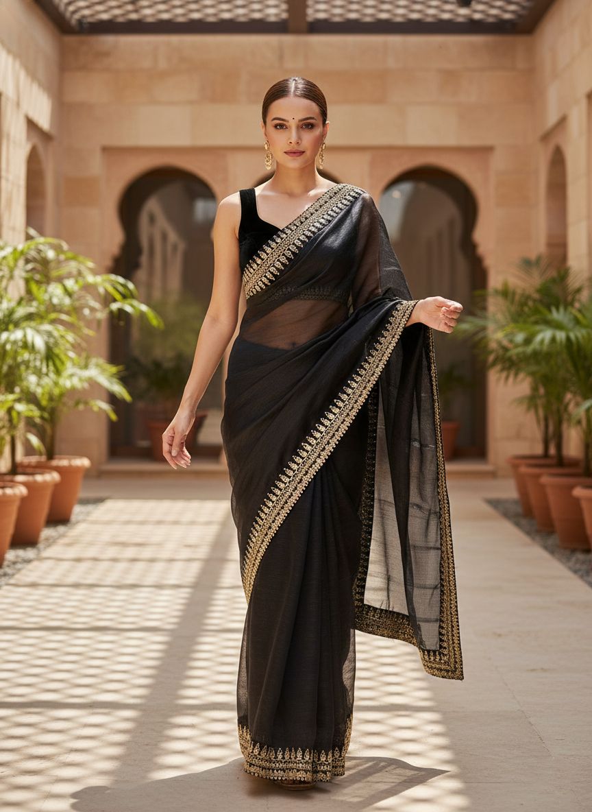 Designer Bollywood Style Soft Twill Net Saree with Sequins & Zari Dori Embroidery and Velvet Lace Border with Unstitched Blouse