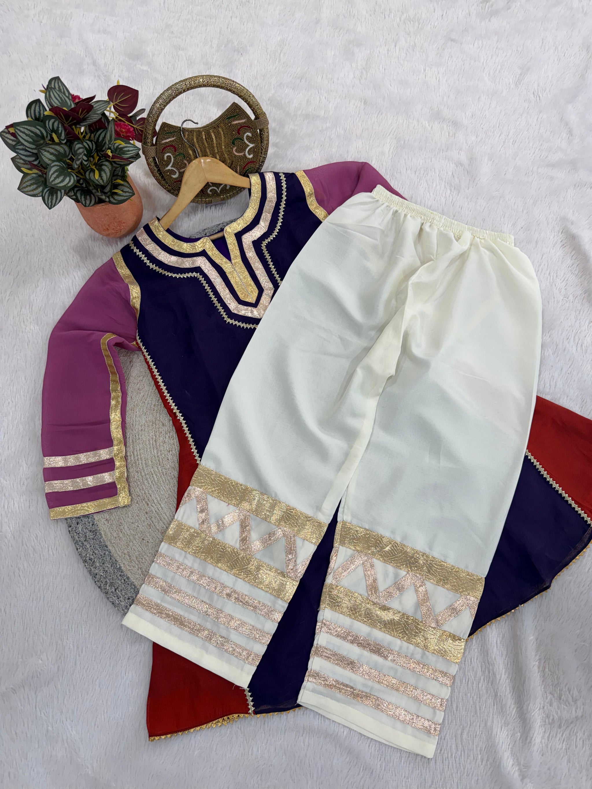 Women Designer 2 Piece Chanderi Suit Set with Lampi Lace Work