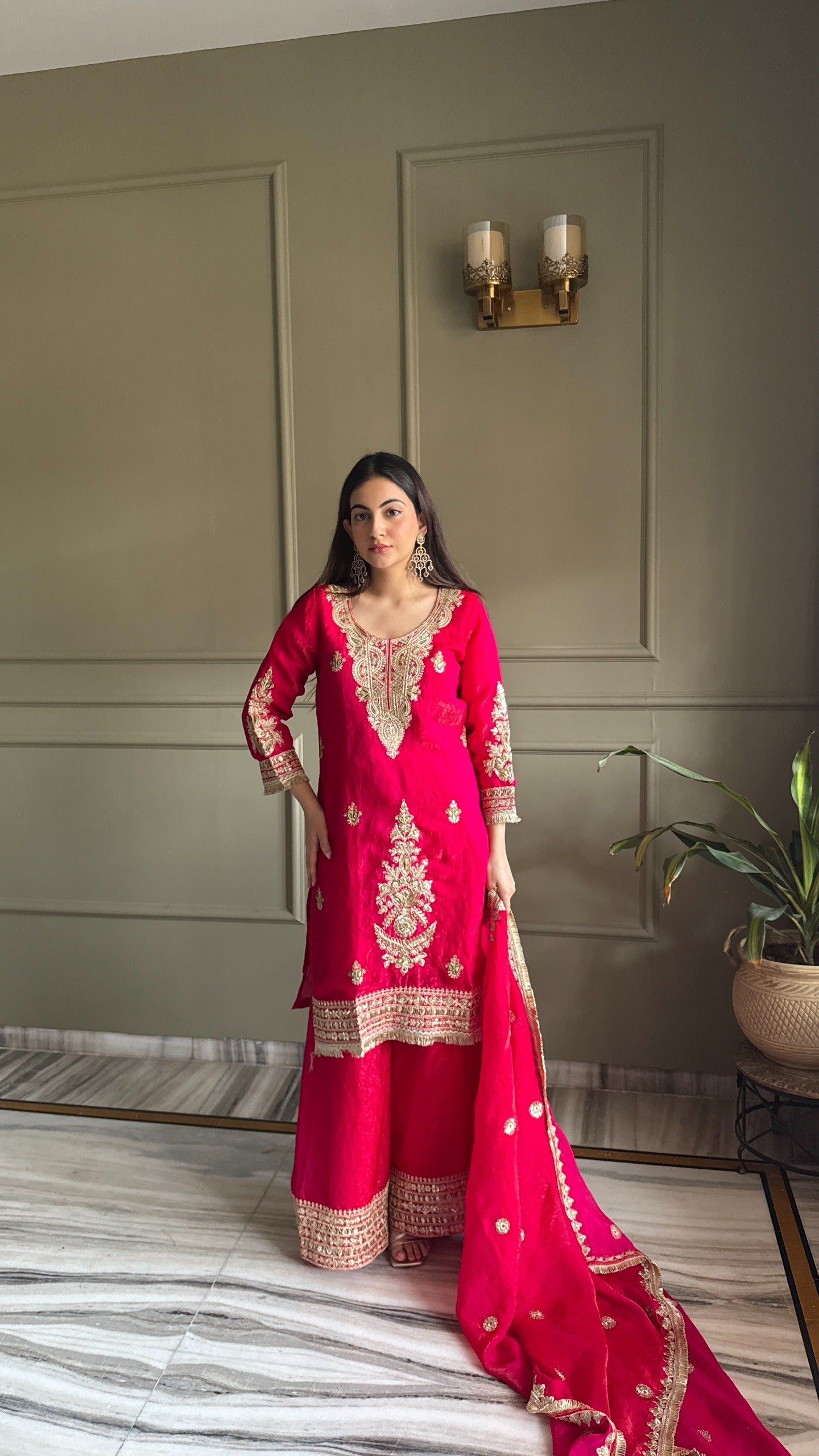 Designer Fendi Satin 3 Piece Suit Set with Embroidery Work & Lace Border (Top, Plazo & Dupatta)