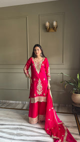 Designer Fendi Satin 3 Piece Suit Set with Embroidery Work & Lace Border (Top, Plazo & Dupatta)