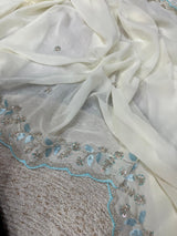 Designer Faux Georgette Handwork Saree with Beads & Sequins Border and Velvet Blouse – Ice Blue / Off White