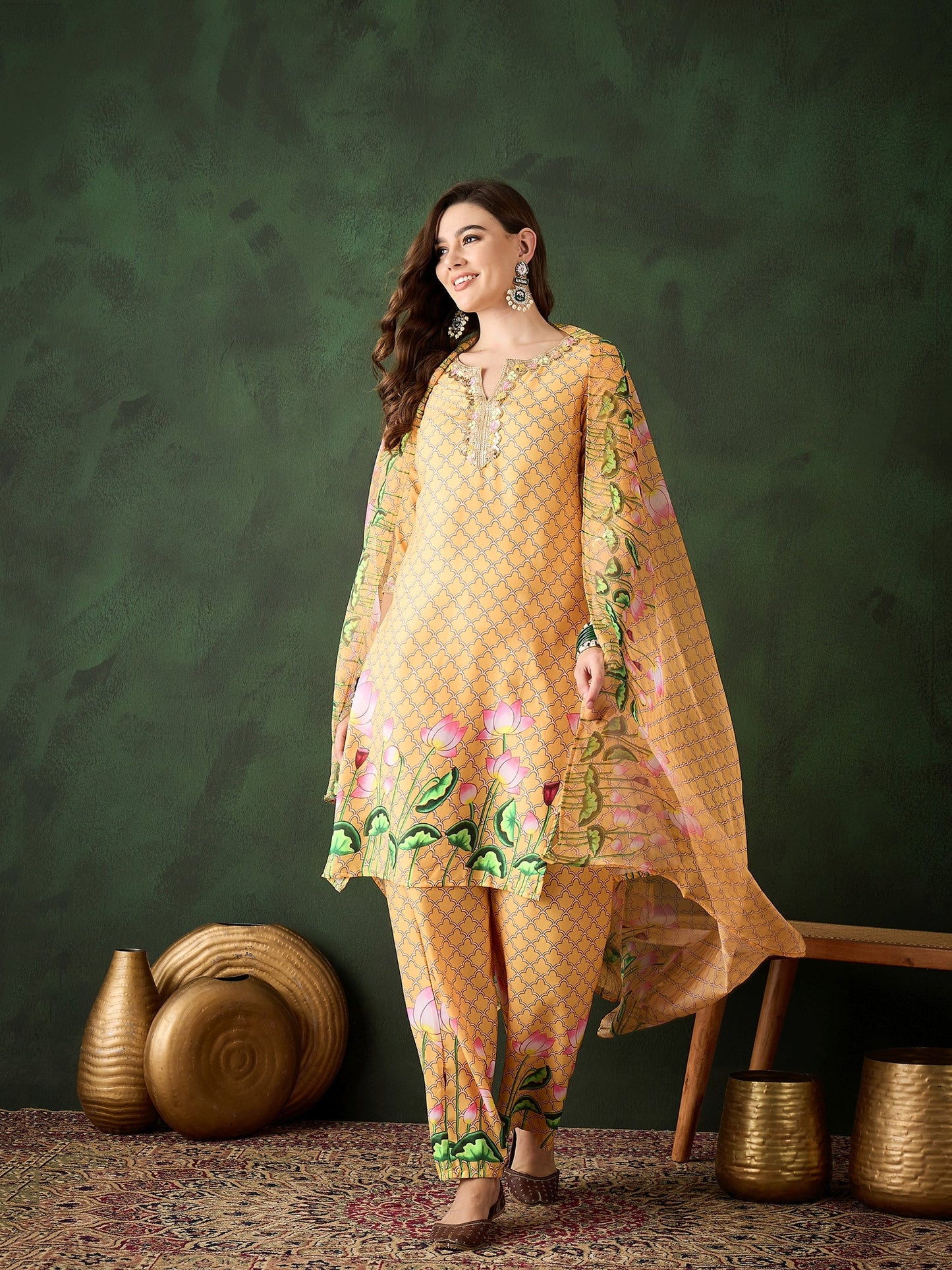 Yellow Pichwai Print Kurta Palazzo With Dupatta - Elganza