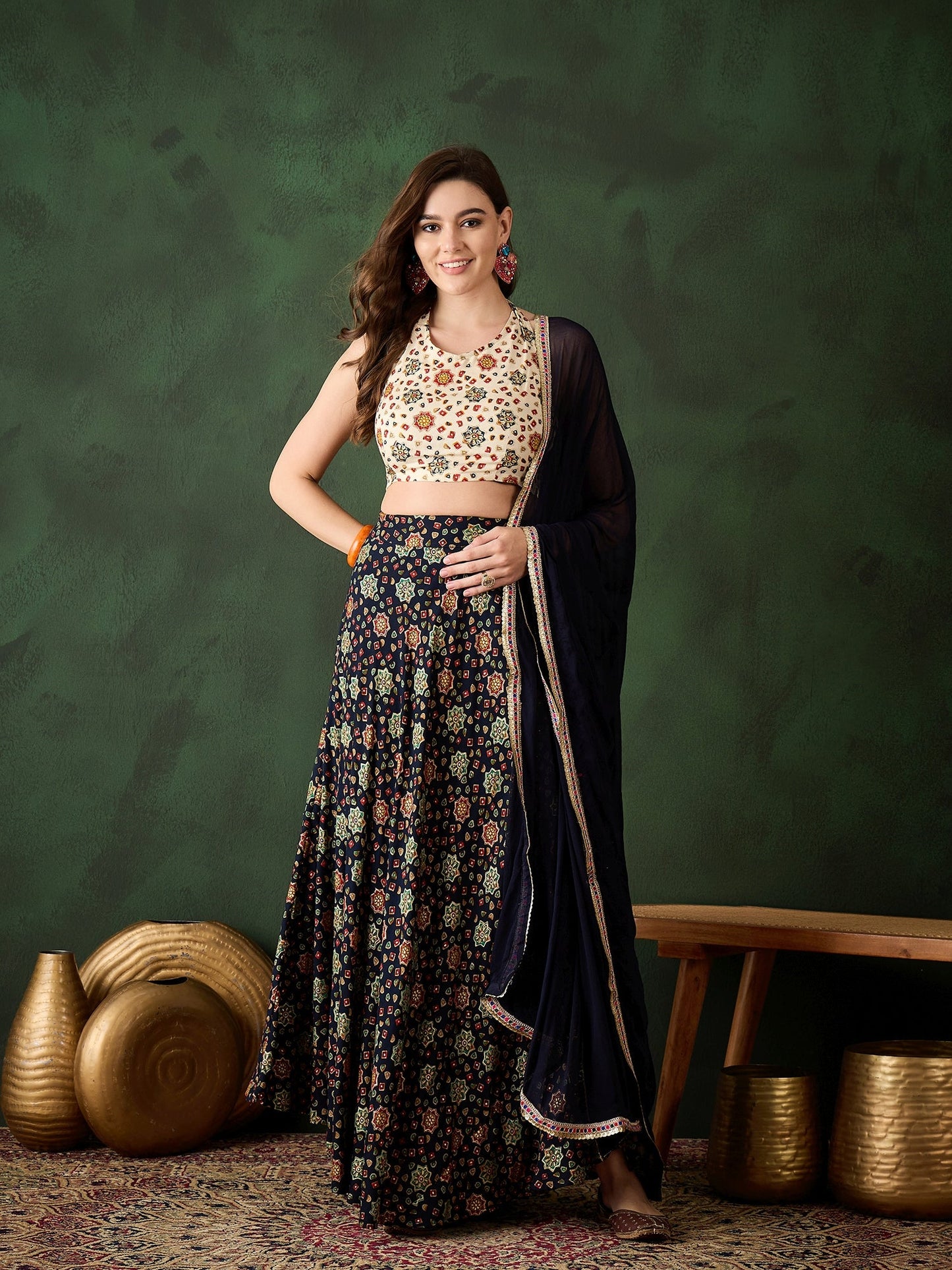 Navy Blue Gold Printed Lehenga Choli With Dupatta - Elganza