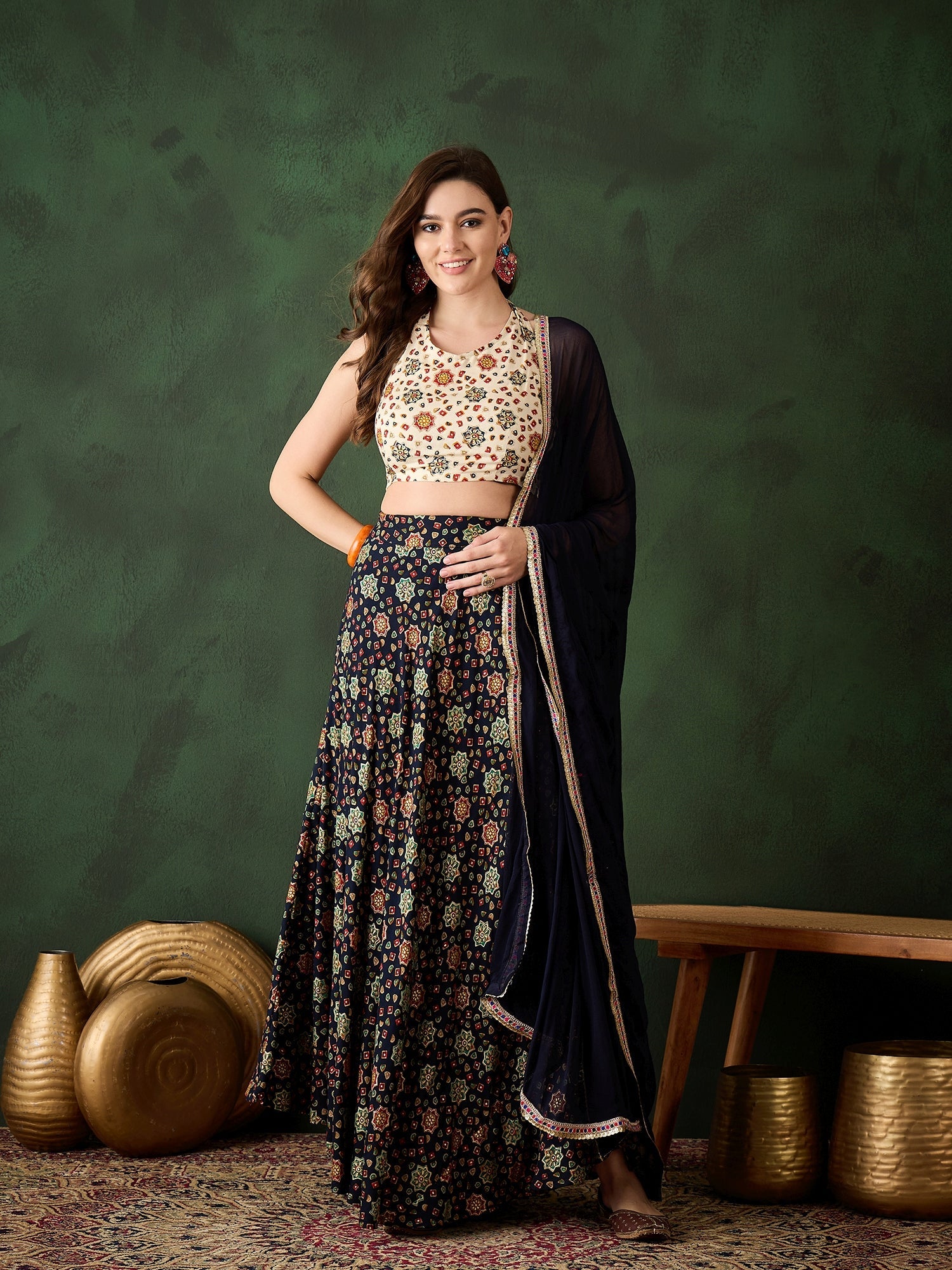 Navy Blue Gold Printed Lehenga Choli With Dupatta - Elganza