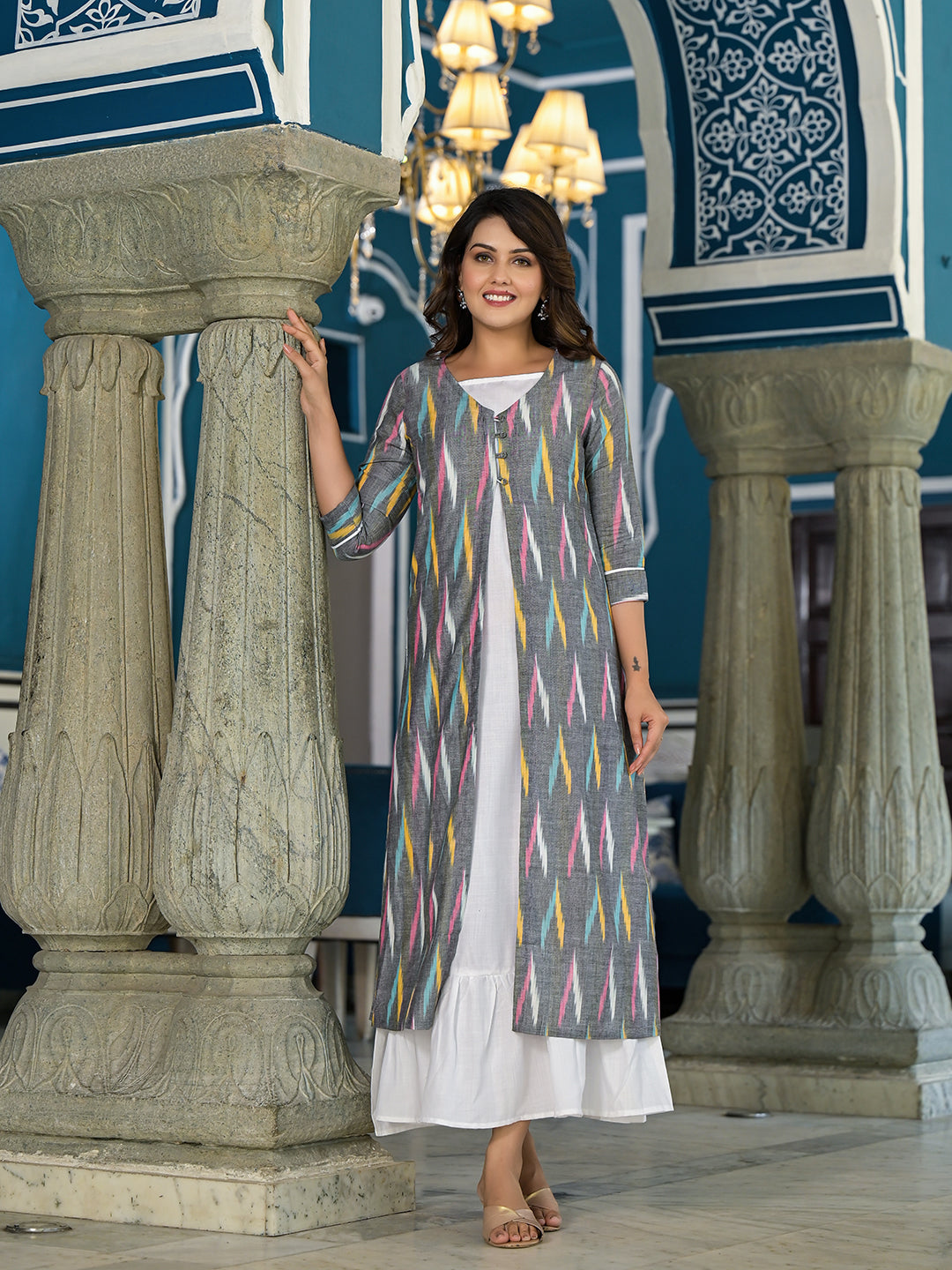 Grey Ikat Design Layered Maxi Dress - Elganza