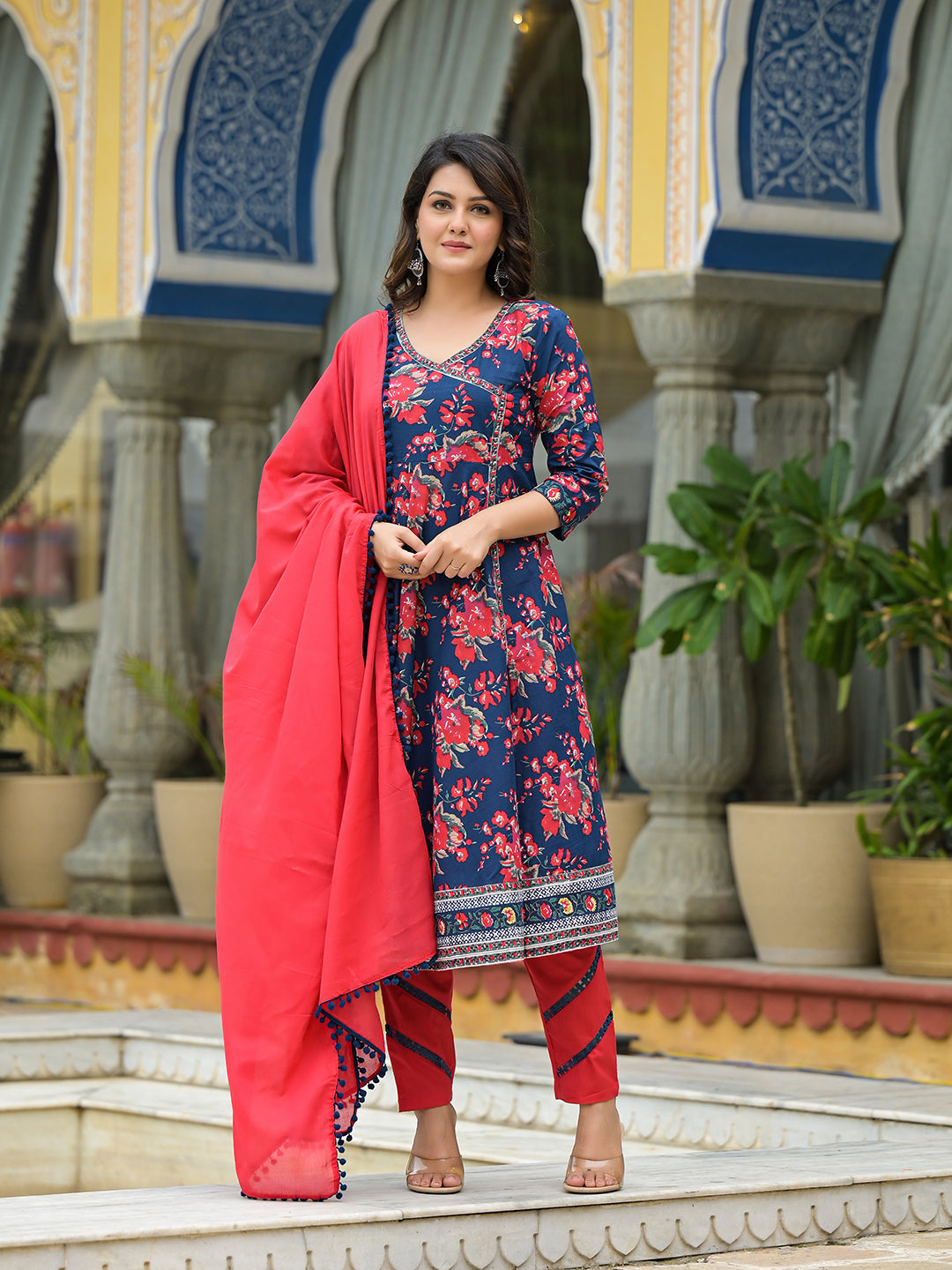 Navy Blue Floral Print Anarkali Pant With Dupatta - Elganza