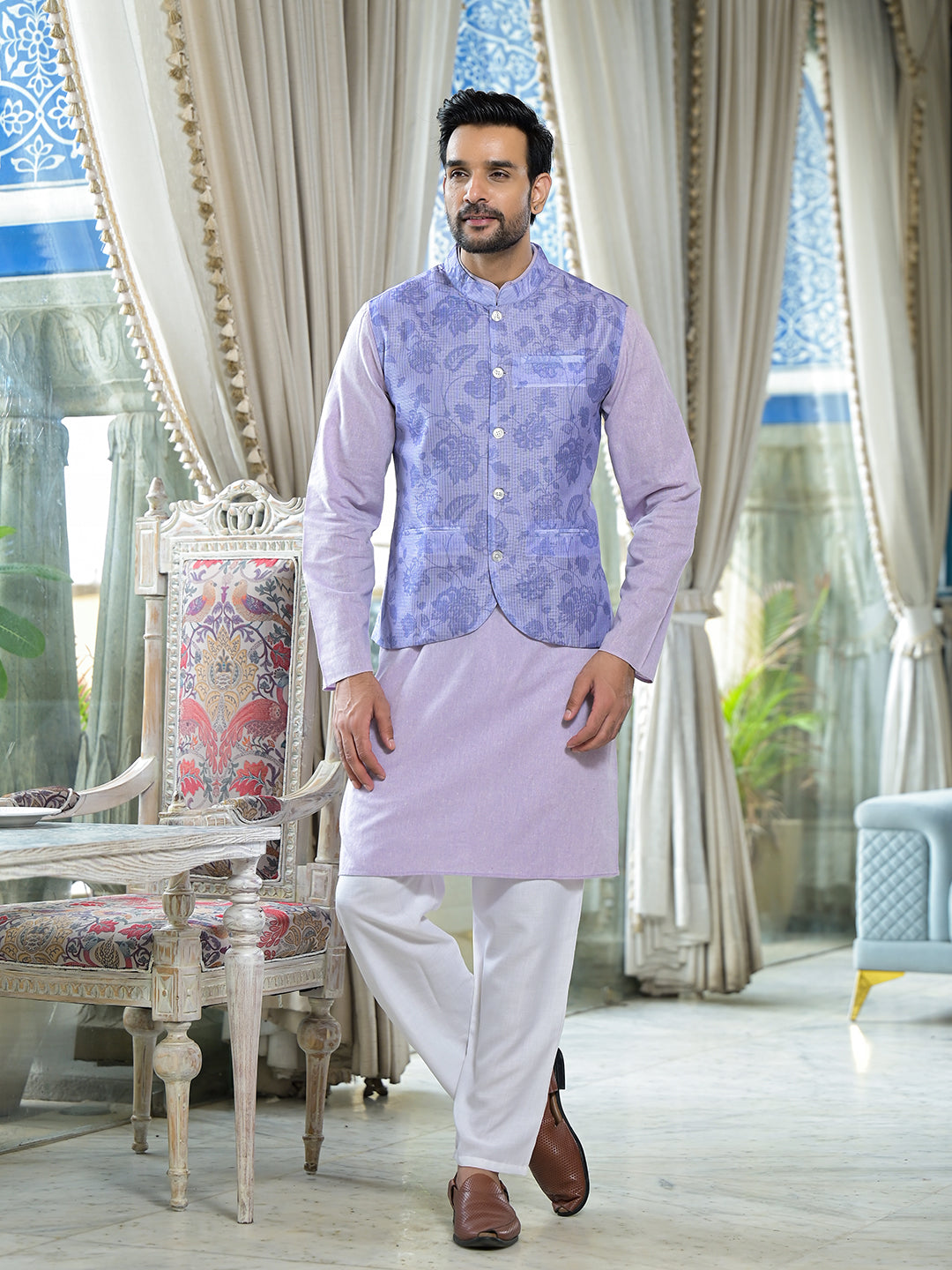 Lilac Color Floral print nehru jacket set - Elganza