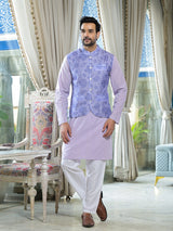 Lilac Color Floral print nehru jacket set - Elganza