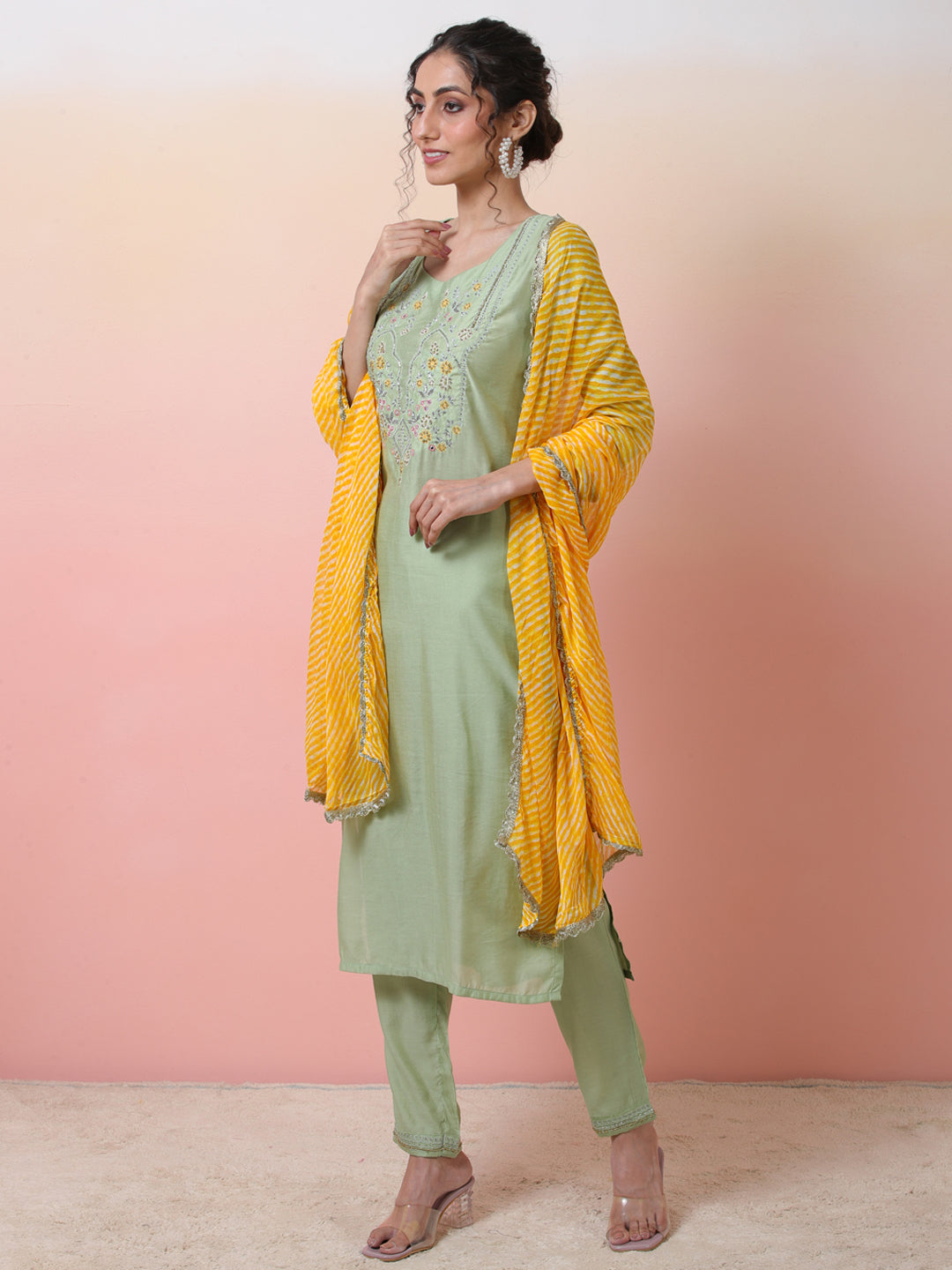 Pastel Green Embroidered Kurta Pant With Dupatta - Elganza