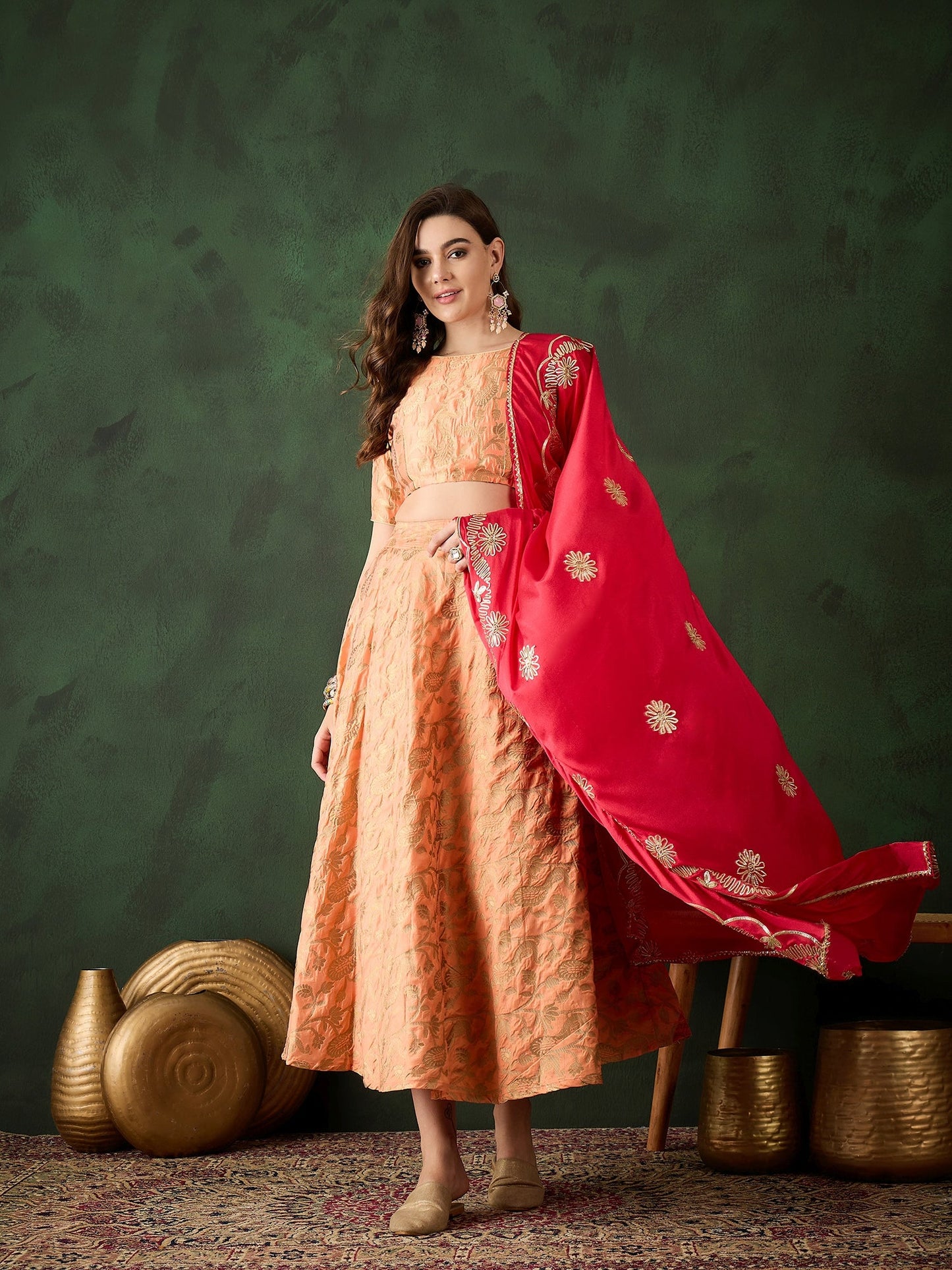 Peach Jacquard Lehenga Choli With Dupatta - Elganza