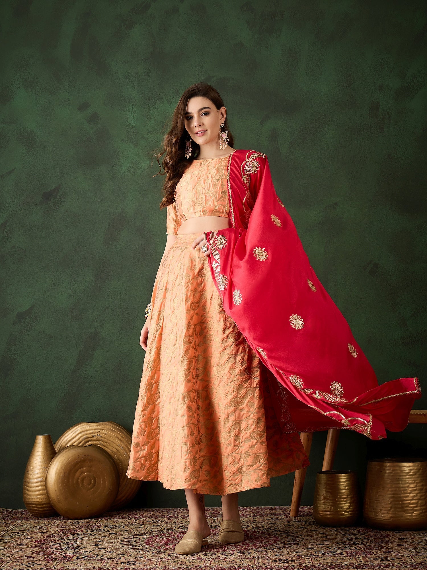 Peach Jacquard Lehenga Choli With Dupatta - Elganza