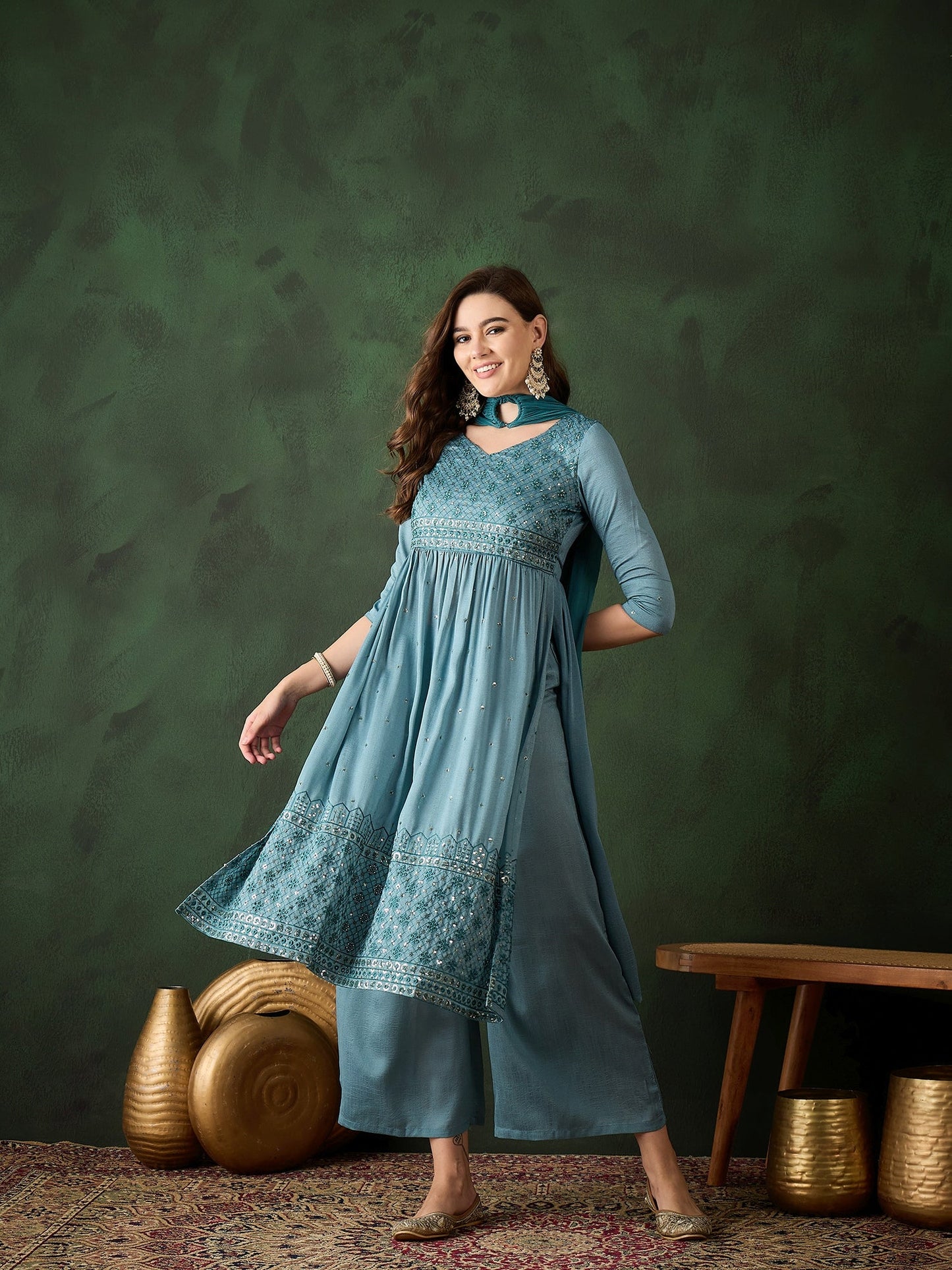 Blue Embroidered Nyra-Cut Kurta Palazzo With Dupatta - Elganza
