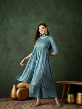Blue Embroidered Nyra-Cut Kurta Palazzo With Dupatta - Elganza