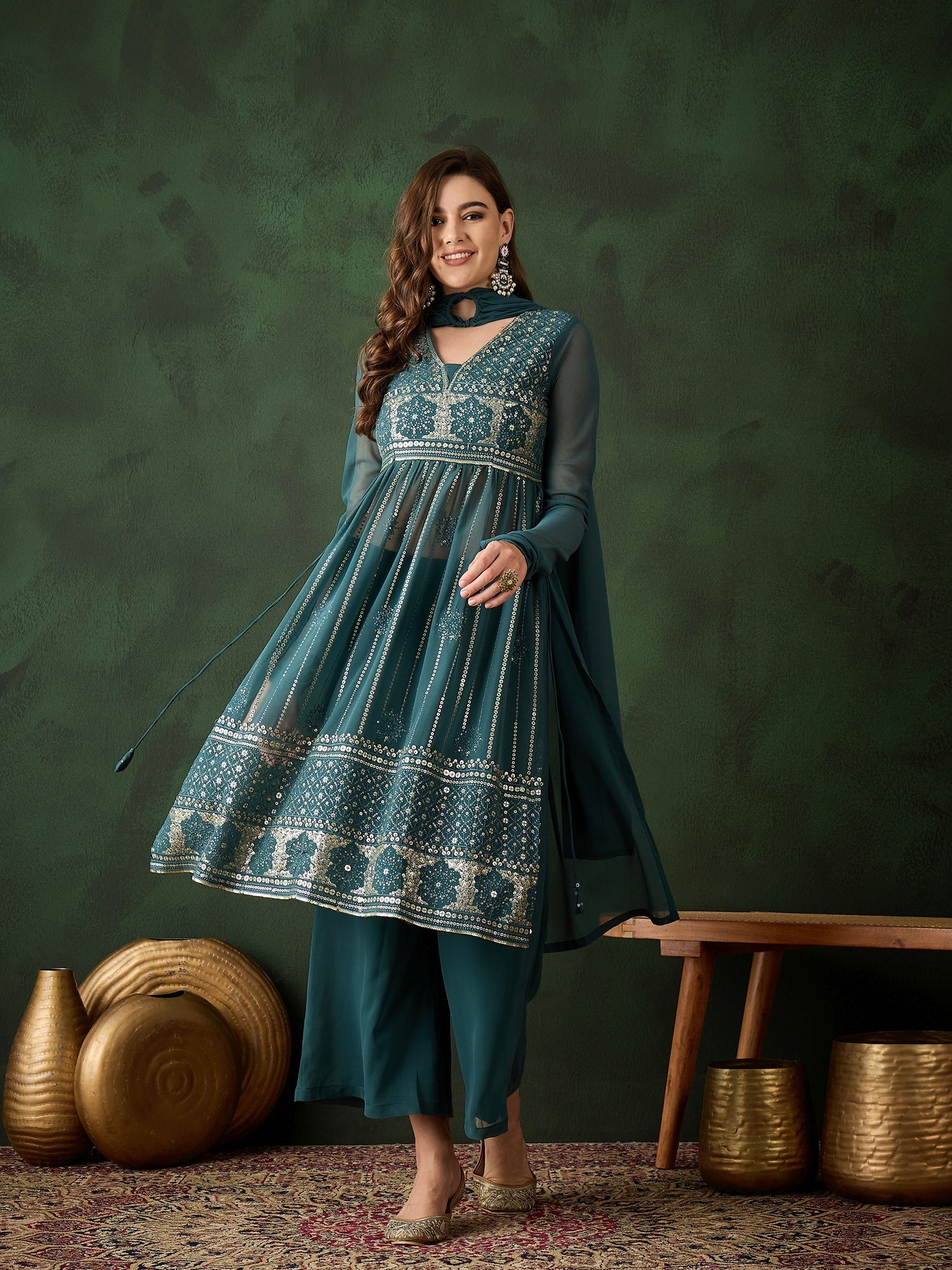 Teal Embroidered Nyra-Cut Kurta Palazzo With Dupatta - Elganza