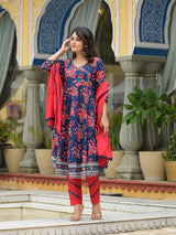 Navy Blue Floral Print Anarkali Pant With Dupatta - Elganza