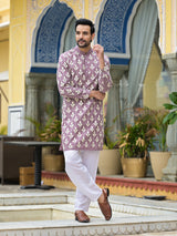 Mauve Embroidered Long Kurta - Elganza