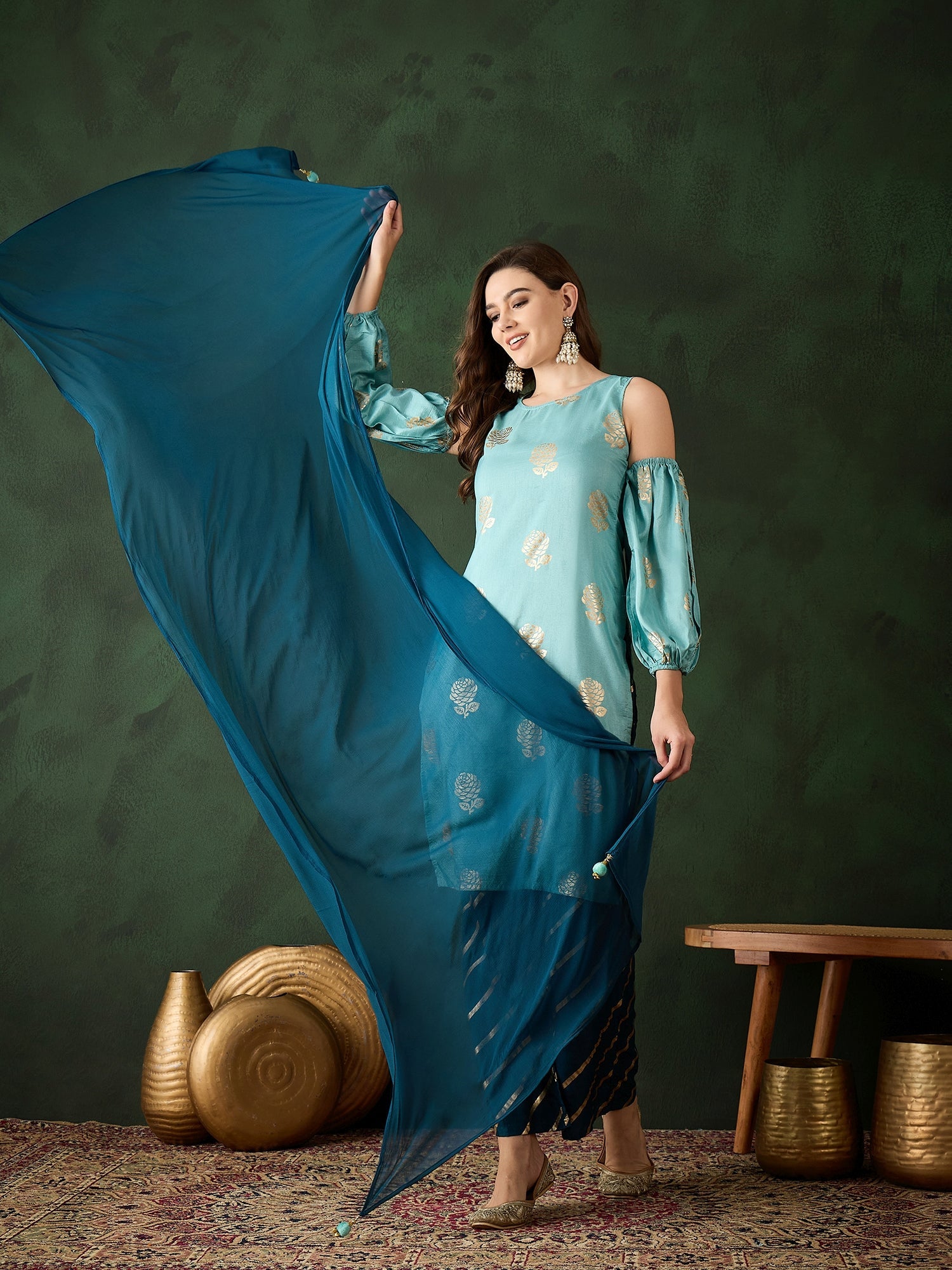 Blue Gold Printed Kurta Palazzo With Dupatta - Elganza