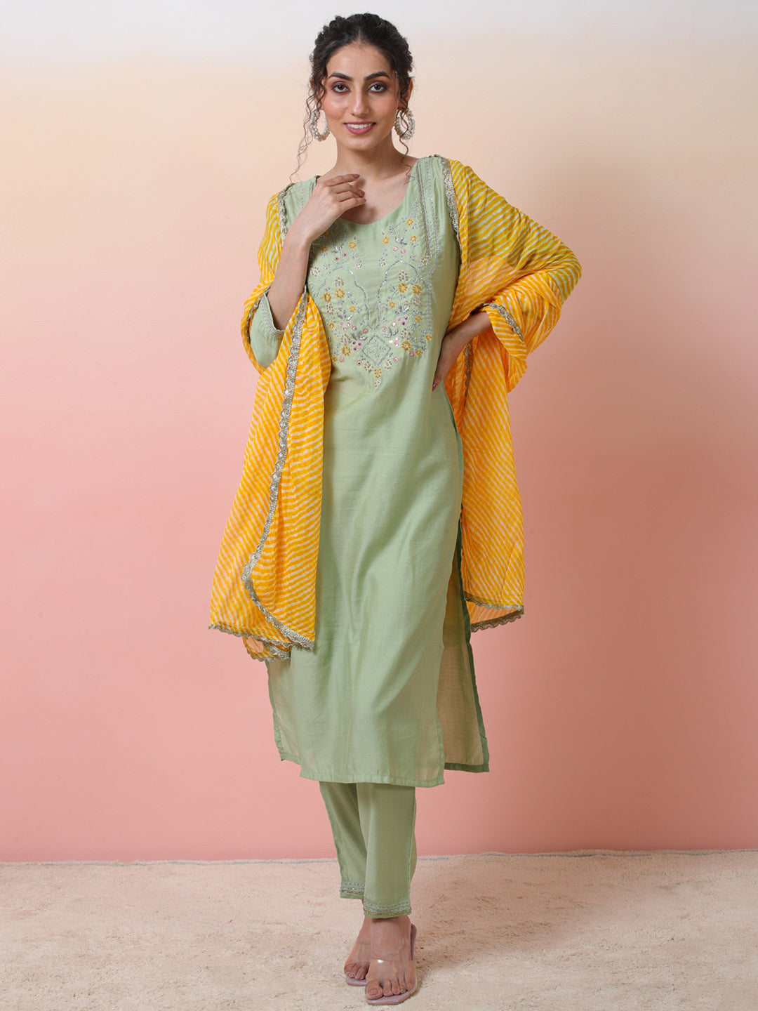 Pastel Green Embroidered Kurta Pant With Dupatta - Elganza