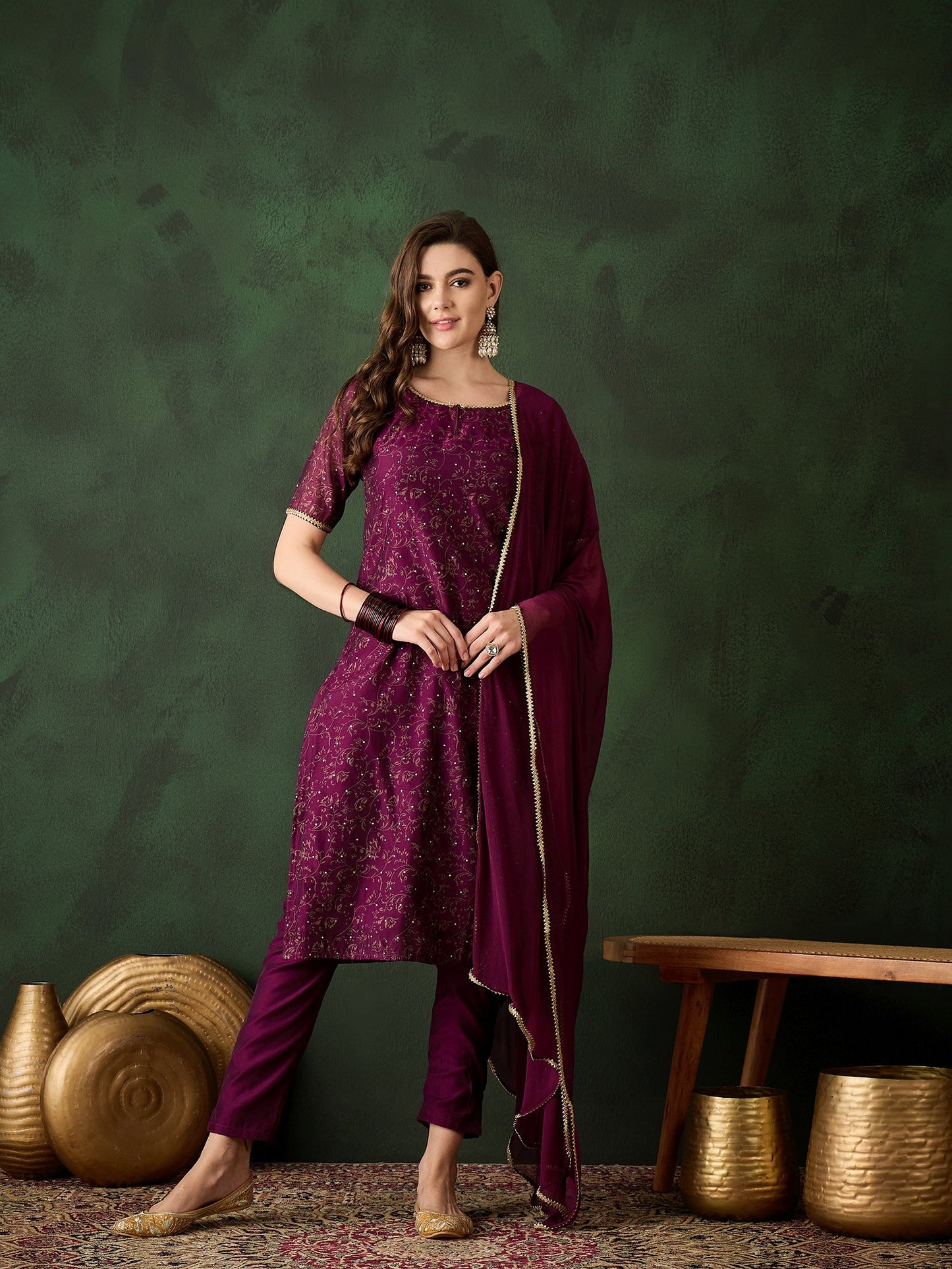 Purple Gold Print Kurta Pant With Dupatta - Elganza