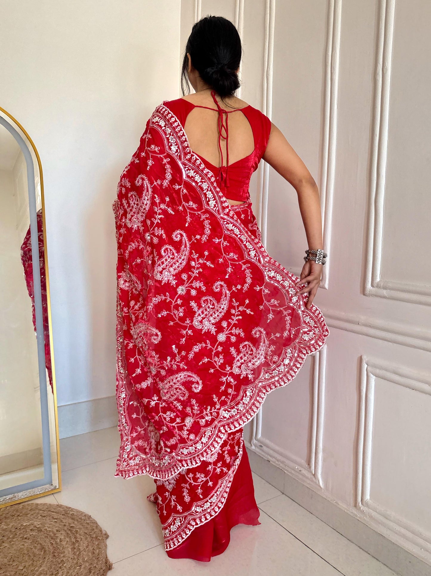 Beautiful Designer Bollywood Fandy Satin Silk Saree with Sequins & Malti Thread Embroidery