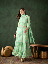 Green Floral Print Lehenga Choli Set - Elganza
