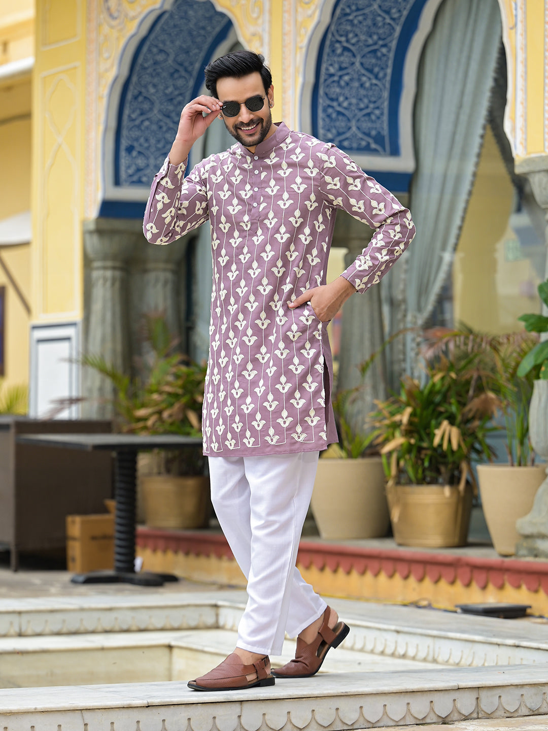 Mauve Embroidered Long Kurta - Elganza