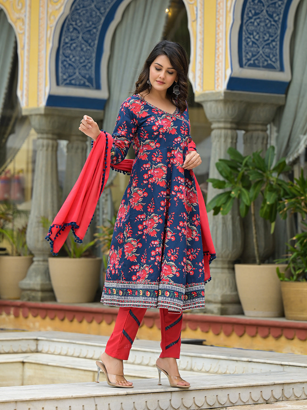 Navy Blue Floral Print Anarkali Pant With Dupatta - Elganza