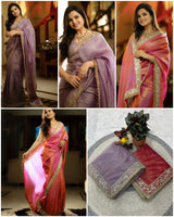 Designer Silver Tissue Silk Saree with Mirror & Embroidery Work